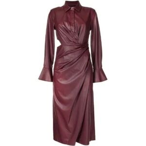 🔥Jonathan Simkhai Draped Cut-Out Mulberry Color Vegan Leather Midi Shirt Dress